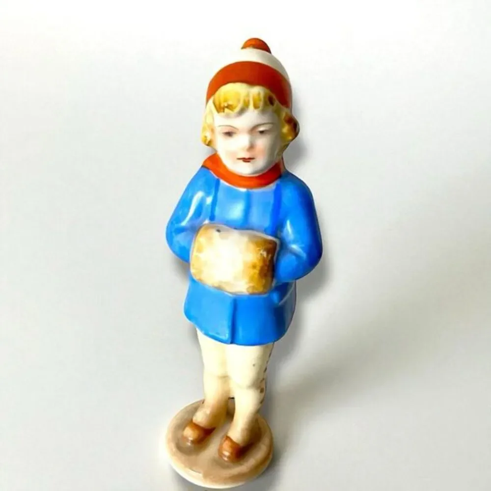 Winter Boy Ceramic Figurine Snow Hand Warmer Hat Pants with Buttons 1950's Japan